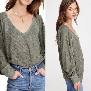 Free People Santa Clara Thermal V Neck Long Sleeve Army Sage XS
